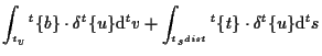 $\displaystyle \int_{ {}^{t} v}
{}^{t} \{ b \} \cdot \delta {}^{t} \{ u \}
\math...
...{}^{t} s^{dist}}
{}^{t} \{ t \} \cdot \delta {}^{t} \{ u \}
\mathrm{d} {}^{t} s$