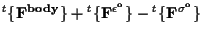 $\displaystyle {}^{t} \{ \mathbf{ F^{body} } \}
+ {}^{t} \{ \mathbf{ F^{\epsilon^o} } \}
- {}^{t} \{ \mathbf{ F^{\sigma^o} } \}$