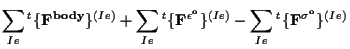 $\displaystyle \sum_{Ie} {}^{t} \{ \mathbf{ F^{body} } \} ^{(Ie)}
+ \sum_{Ie} {}...
...psilon^o} } \} ^{(Ie)}
- \sum_{Ie} {}^{t} \{ \mathbf{ F^{\sigma^o} } \} ^{(Ie)}$