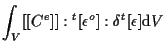 $\displaystyle \int_V
[[ C^e ]] : {}^{t} [ \epsilon^o ] : \delta {}^{t} [ \epsilon ]
\mathrm{d} V$