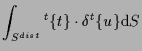 $\displaystyle \int_{S^{dist}}
{}^{t} \{ t \} \cdot \delta {}^{t} \{ u \}
\mathrm{d} S$