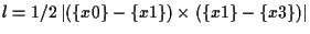 $\displaystyle l = 1/2 \left\vert ( \{ x0 \} - \{ x1 \} ) \times ( \{ x1 \} - \{ x3 \} ) \right\vert$