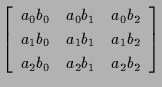 $\displaystyle \left[ \begin{array}{ccc}
a_0 b_0 & a_0 b_1 & a_0 b_2 \\
a_1 b_0 & a_1 b_1 & a_1 b_2 \\
a_2 b_0 & a_2 b_1 & a_2 b_2
\end{array} \right]$